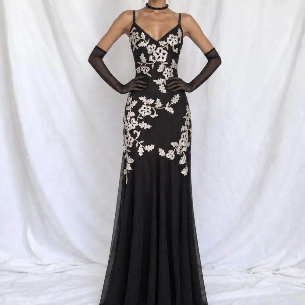 Vintage Y2K 90s Brown Floral Embroidered Mesh Maxi Formal Prom Dress Size S/M
